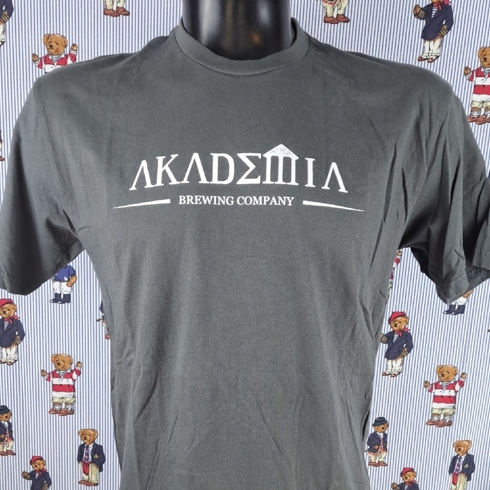 Akademia Brewing Company logo spell-out logo grey & white casual LG beer t-shirt